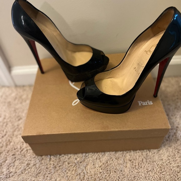 AUTHENTIC CHRISTIAN LOUBOUTIN Lady Peep 150 black patent calf leather pumps - Picture 2 of 9